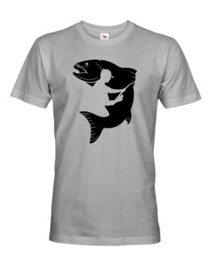 Pánské rybářské tričko s potiskem siluety rybáře a ryby